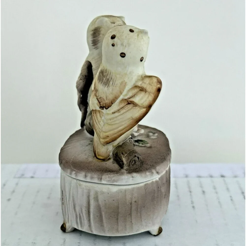 Trinket Box Ring Box Perched Owls Figurine Floral Accent Brown Bisque 5090 Japan